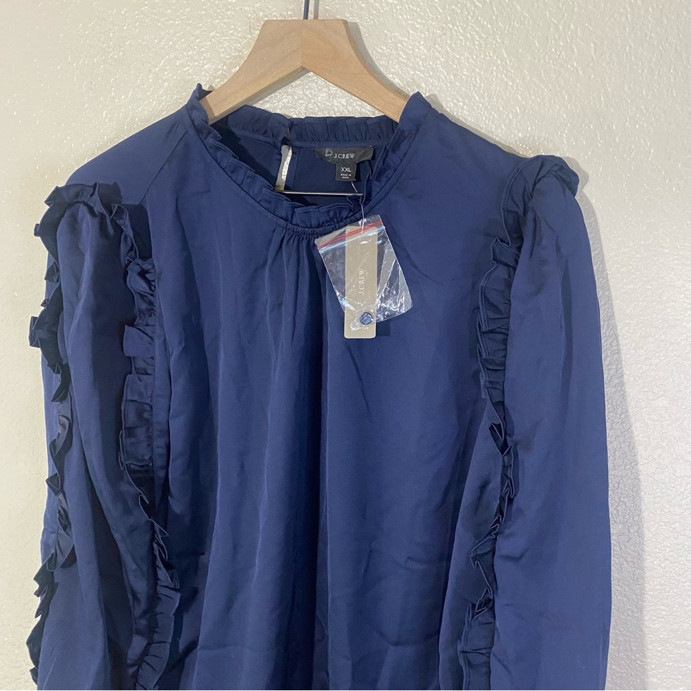 NWT J. Crew Ruffle-sleeve top in satin crepe Item AU248 XXL Navy Blue - Picture 5 of 9